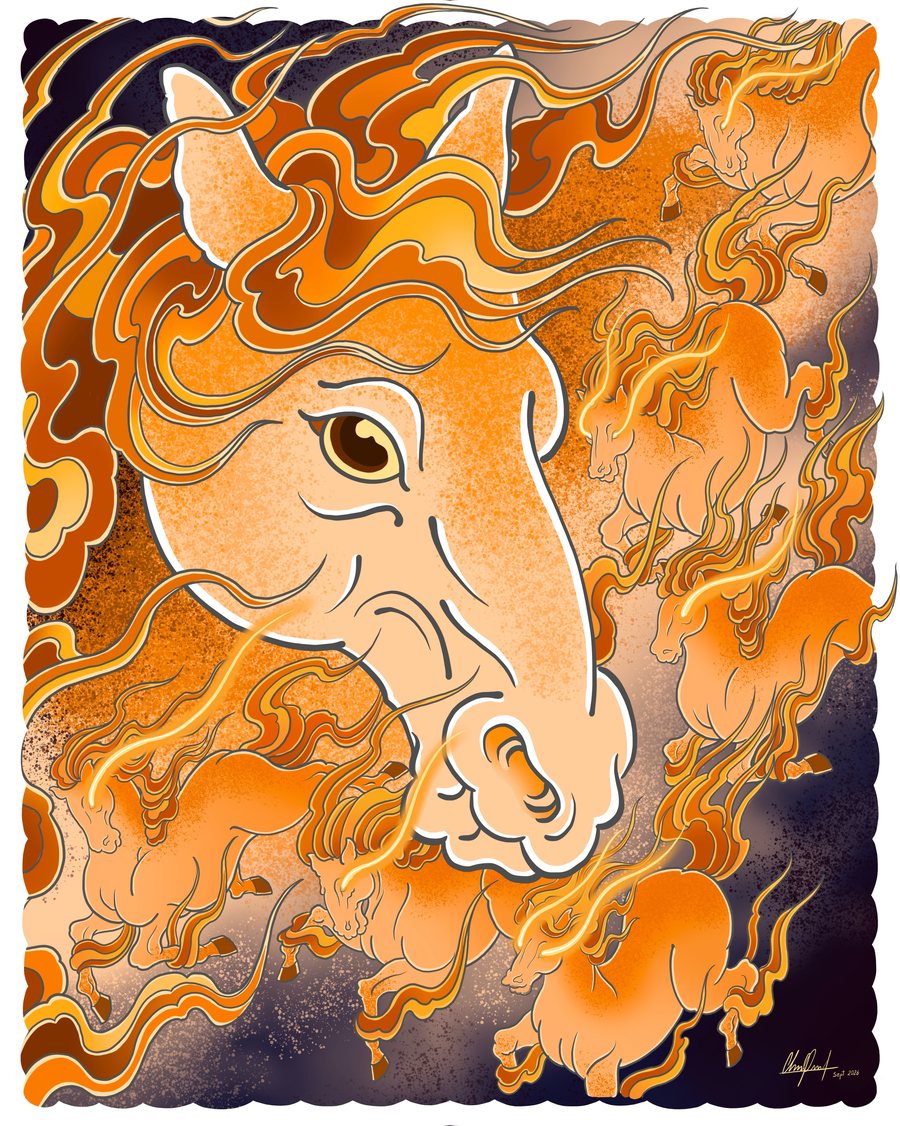 Ilustración de un caballo envuelto en fuego naranja estilo japonés