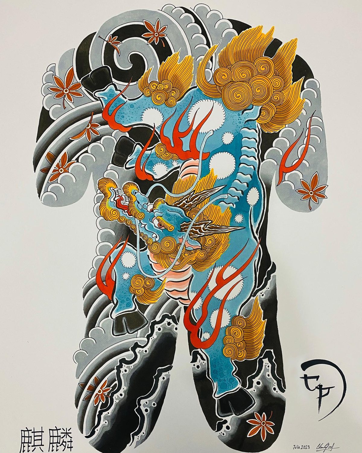 Diseño de bodysuit japonés con un Kirin azul y dorado entre olas y hojas de arce, pintado por Christian Paredes